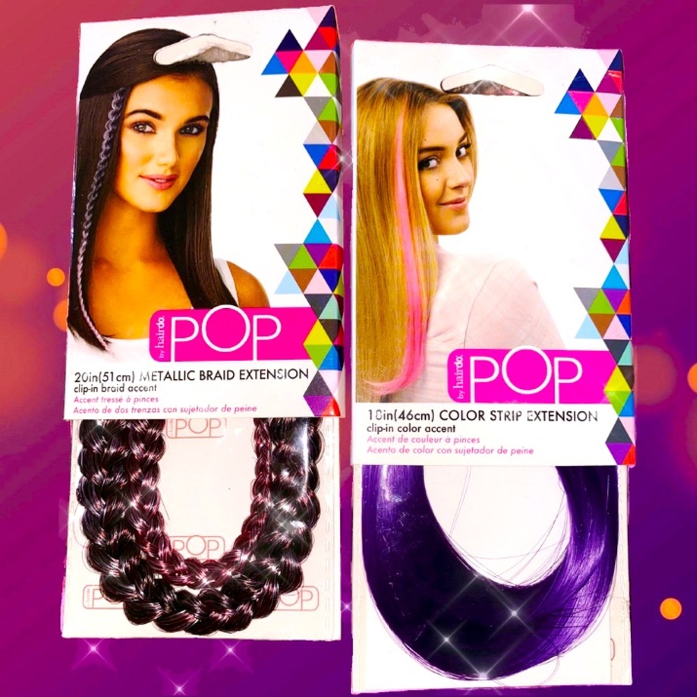 2 NEW Purple Clip-In Hair Extensions w/ 18” Color Strip & 20” Metallic Braid Duo